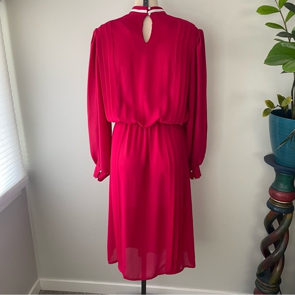 Vintage Joyce Palmer Fuchsia Pink Chiffon Midi Dress Long Sleeve Medium 80s 90s - Picture 5 of 12